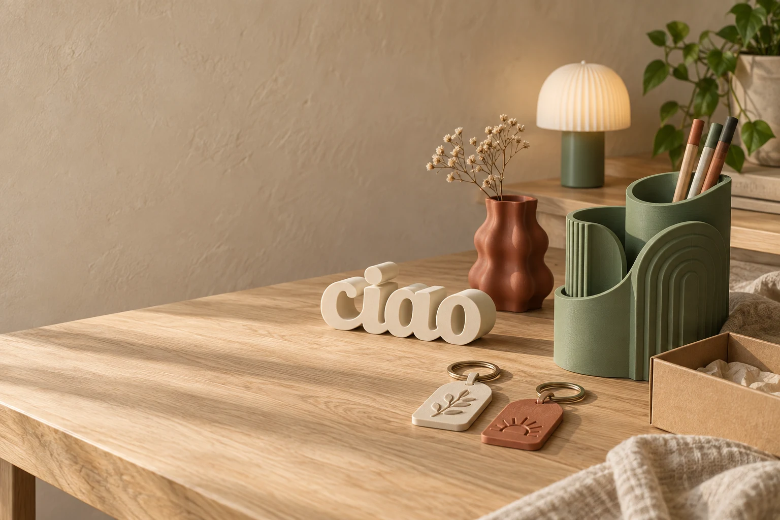 Concept ELNOVA LAB: organizer salvia, scritta decorativa, portachiavi personalizzati e oggetti di design su un banco in legno.